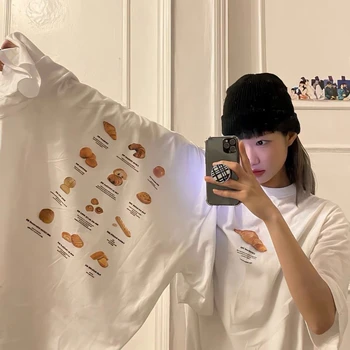 여성용 귀여운 크로와상 프린트 O넥 코튼 티셔츠, 중간 길이 루즈 티셔츠, Y2k 그런지 반팔, 흰색 상의, 여름 신상