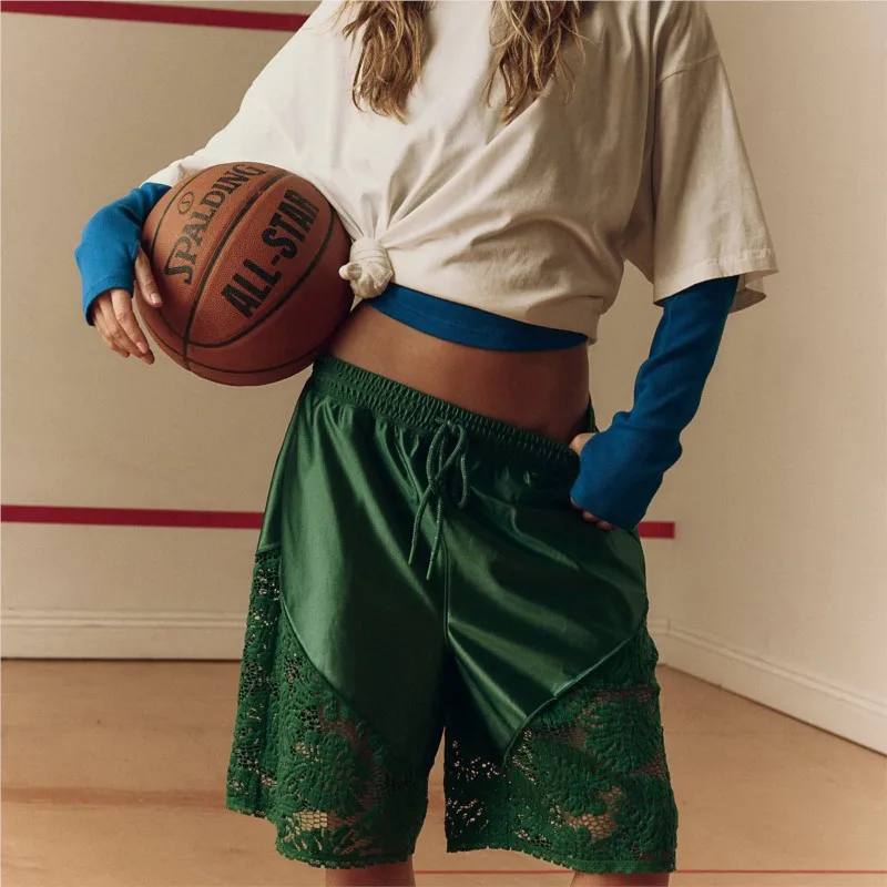 

Women's Summer Casual Lace Up Sports Shorts Solid Color Lace Patchwork Design Loose Pants With Pockets Ladies Stylish Streetwear