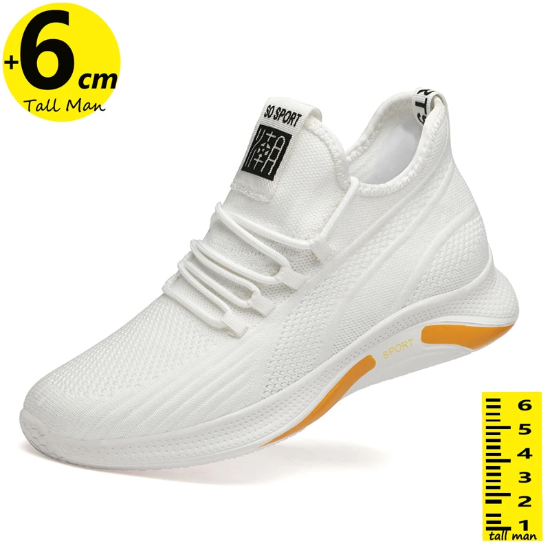 

White Lace-up Sneakers Men Height Increase Insoles 6cm Adjustable Lifts Casual Shoes Fashion