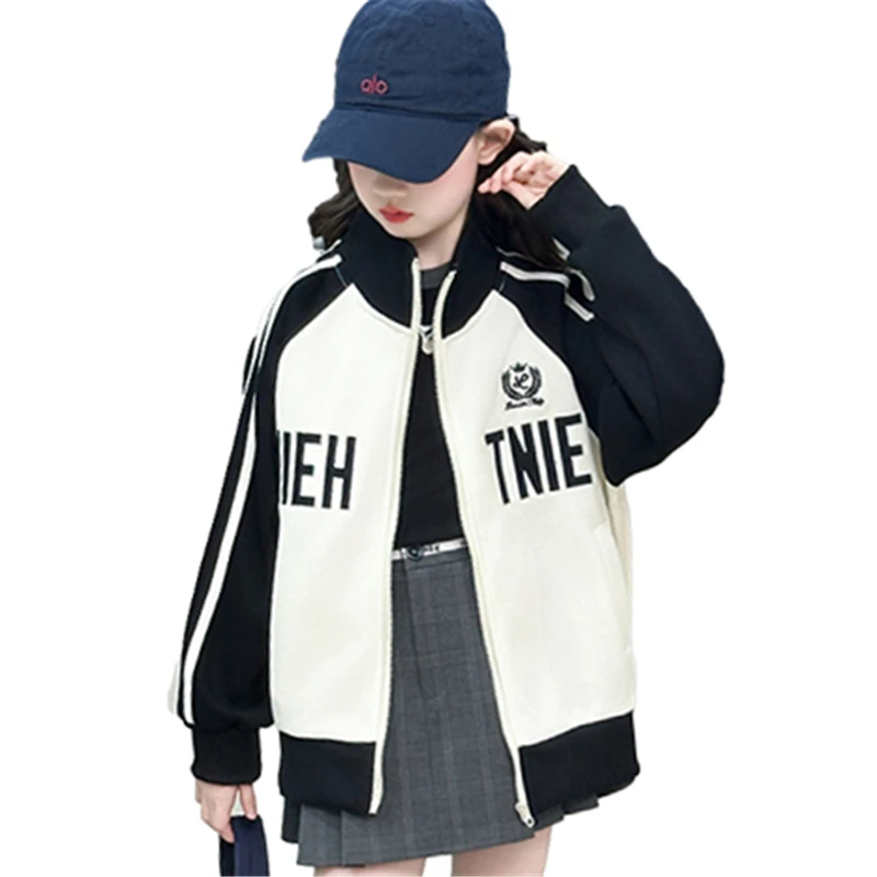 Girls Spring Autumn Baseball Zipper Coat Children Letter Printed Color Blocked Sports Top Jacket Kids Baseball Uniform Clothes
