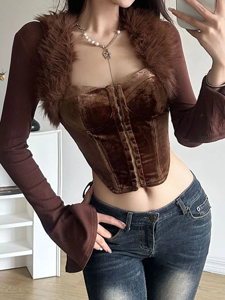 IAMSURE Sexy Patchwork Fur Trim Velvet Cropped T Shirt Vintage Solid Square Collar Long Sleeve Tees Women 2023 Autumn Winter