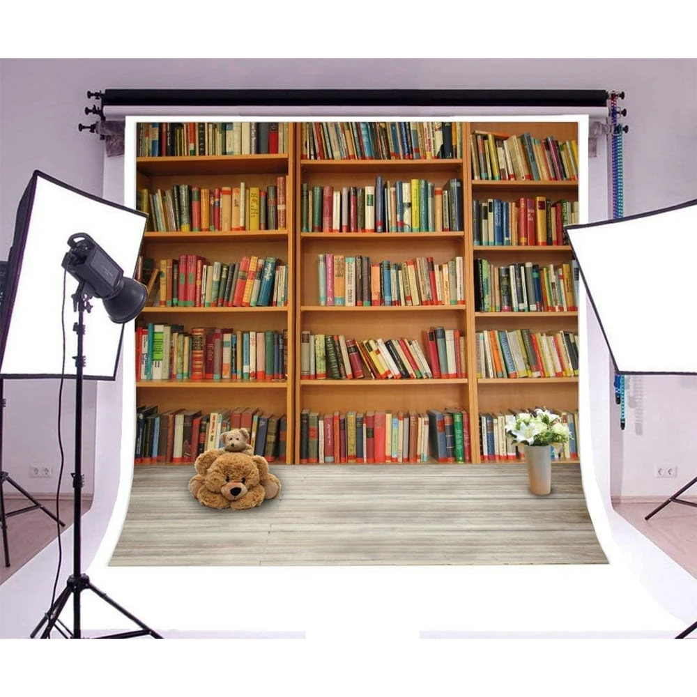 Retro Bookshelf Backdrop Photography Back to School Vintage Wooden Library Study Bookcase Kids Portrait Background Photo Studio