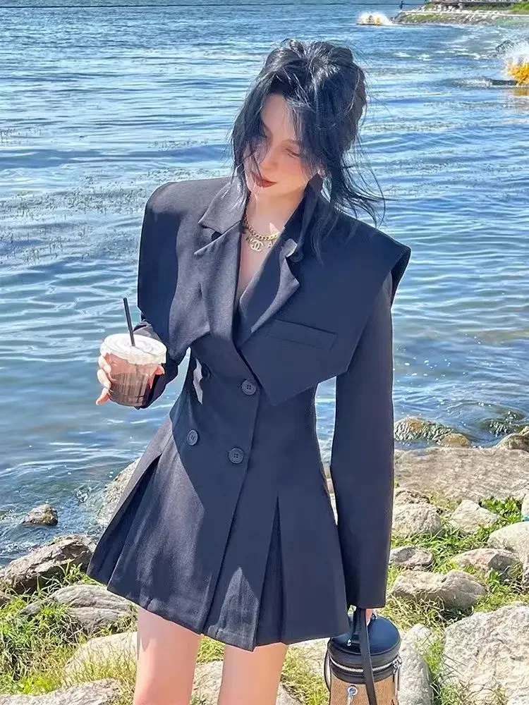 Women\'s Autumn Vintage Long Sleeved Navy Neck Suit Dress Commuter Waist Double Breasted A-line Knee-Length Mini Dresses