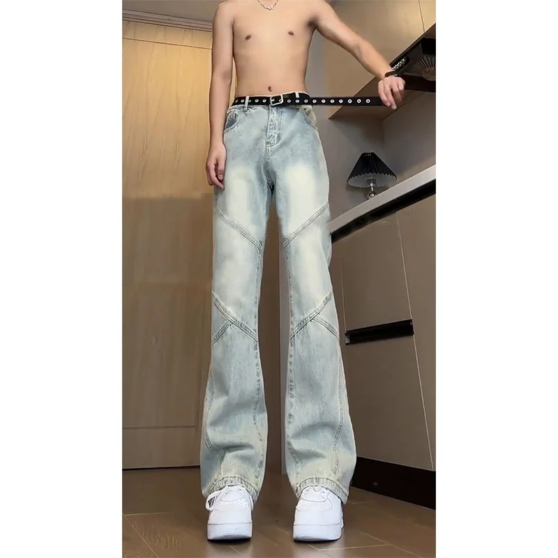 

American Style Patchwork Flared Jeans Men's Extended Belted Trousers High Street Vibe Straight Knife Pants Low Waist Cotton P...