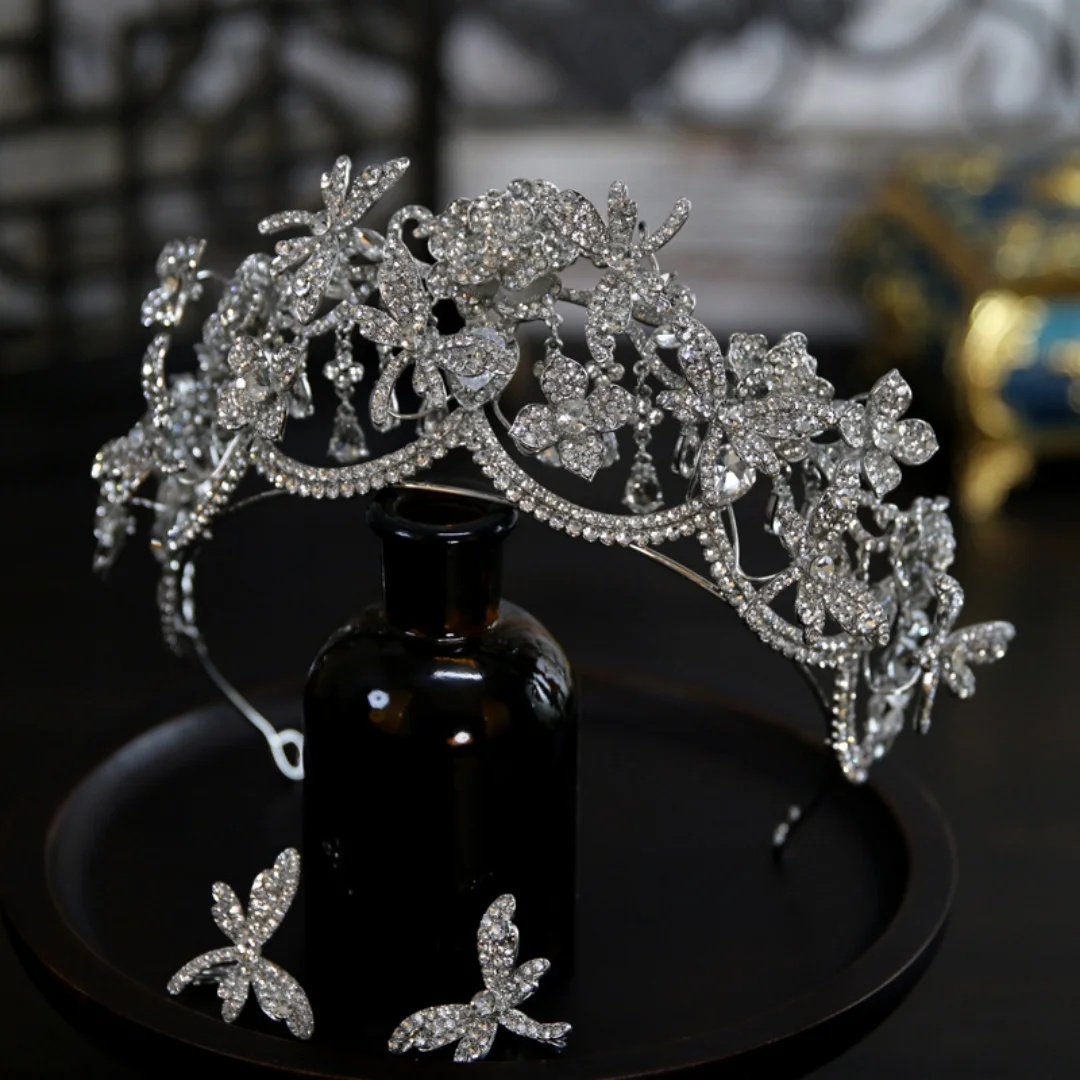 

Свадебная тиара CC Hollow Crown с серьгами-кисточками в виде стрекозы, элегантный свадебный головной убор, стильные аксессуары для волос премиум-класса для вечеринок