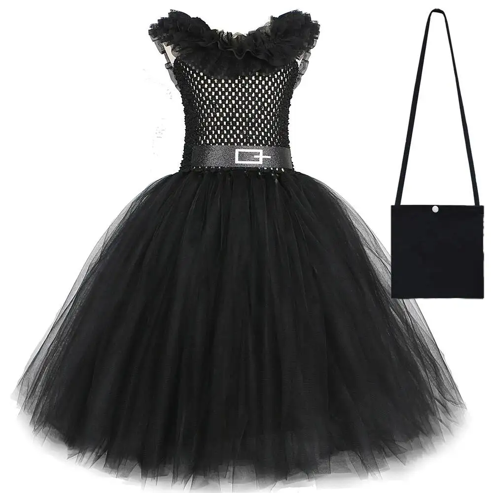 

Длинное черное платье-пачка для девочек с кружевным воротником, карнавальный костюм для Хэллоуина, полноразмерное школьное платье для вечеринок и балов