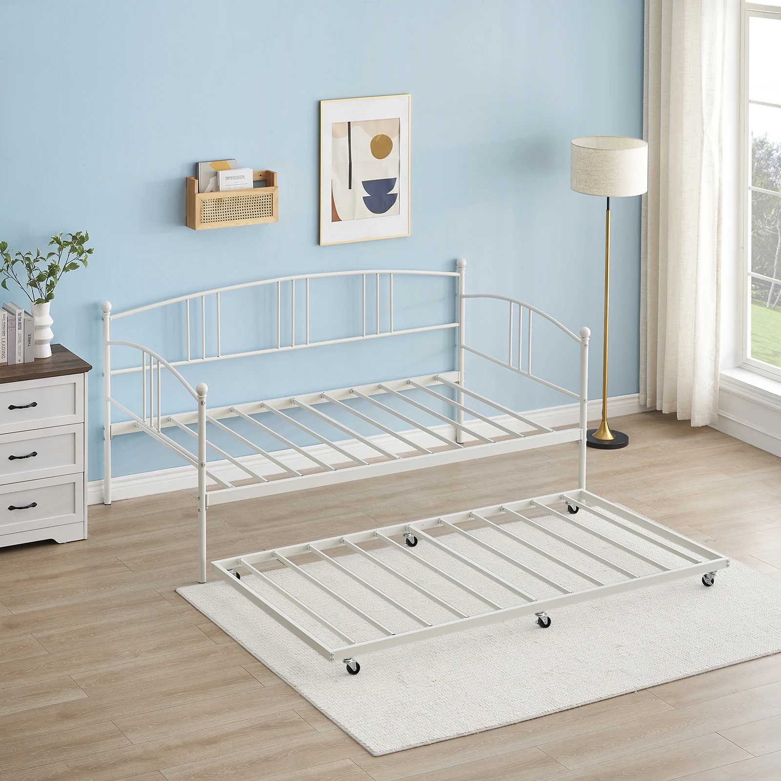 Space-Saving Twin Metal Daybed with Pull-Out Trundle – Durable Steel Slat Support, Versatile Sofa Bed for Kids, Teens, or Adults, No Box Spring Needed – Perfect for Living Room, Bedroom, or Guest Room – Black/White