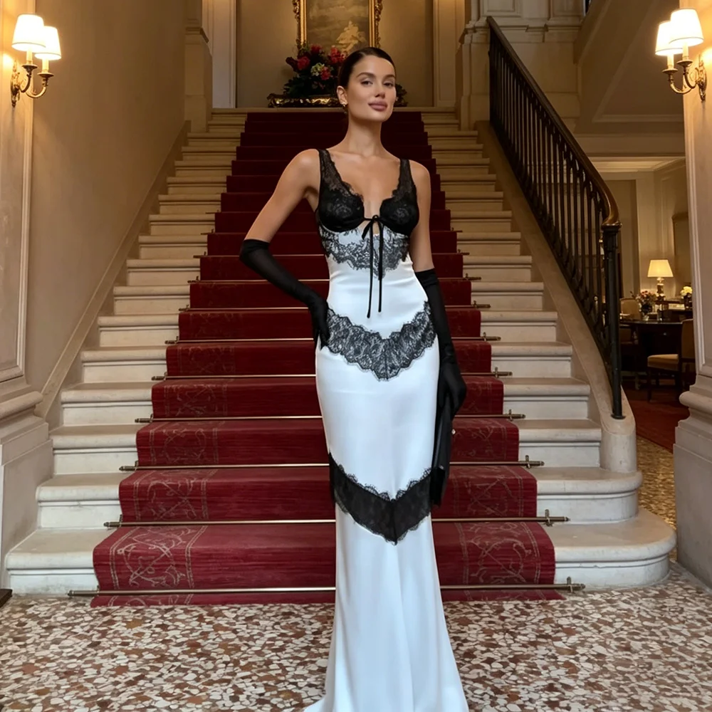 Elegant Black Lace Patchwork White Mermaid Prom Dresses For Women Sexy Deep V Neck Floor Length Formal Evening Maxi Gowns