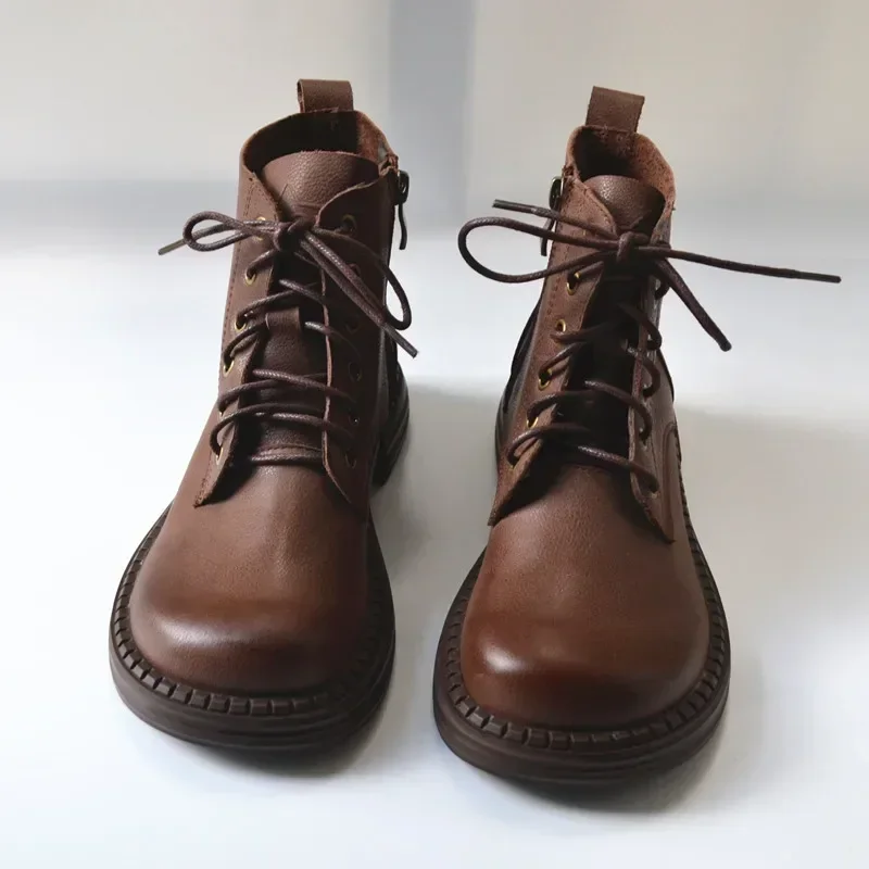 Retro literary soft women boots genuine leather rubbing literary looseness wide toe fat feet  booties big nose