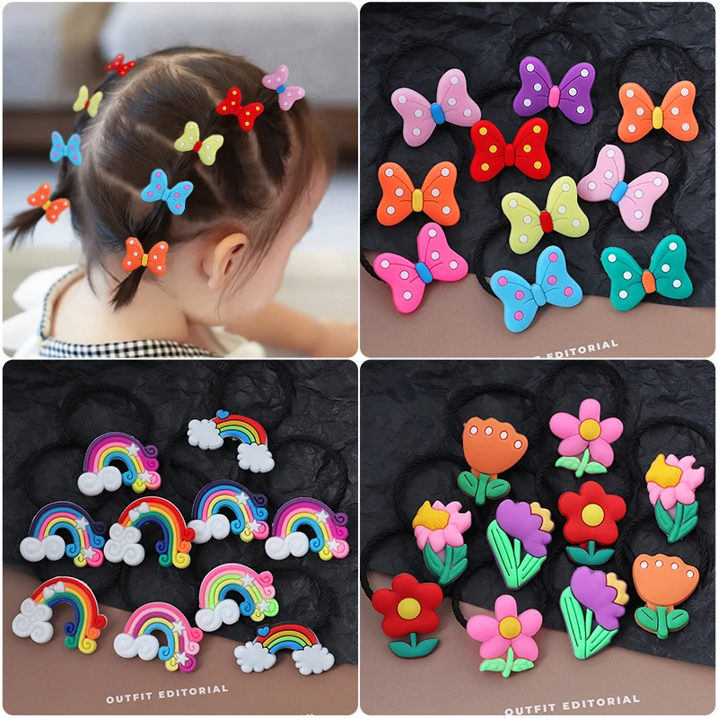 New 10PCS/Set Cute Cartoon Elastic Rubber Band Hair bands Girls Bow Flower Headbands Hair Accessories Kids Sweet Headwear Gift