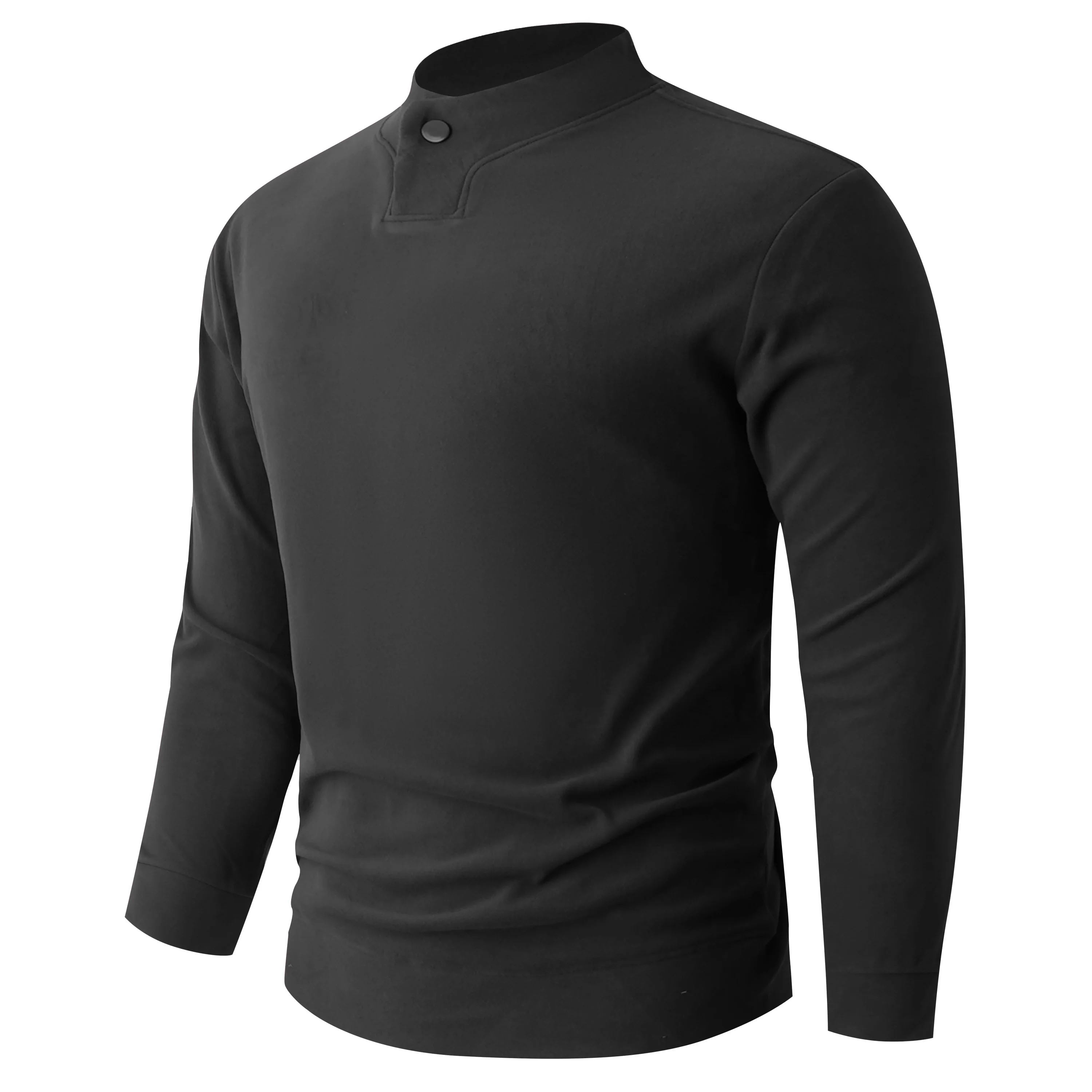 Autumn and Winter Men's Reverbial Cationic German Fleece Crew Neck Button Long Sleeve T-Shirts