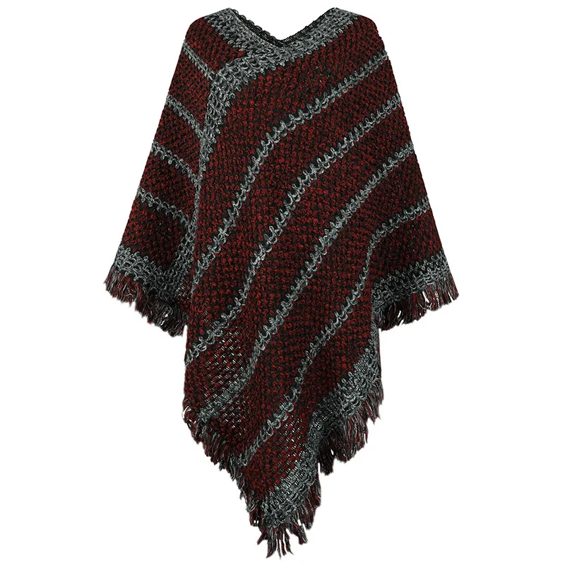 

Autumn Winter New Style Color Contrast Striped National Style Tassel Pullover Cloak Poncho Lady Capes Red Cloaks