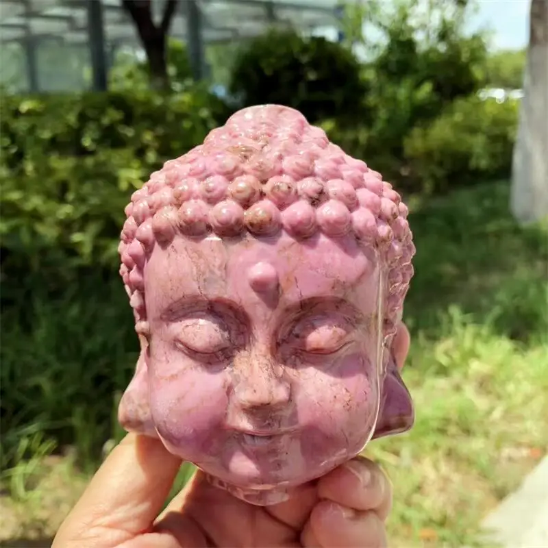 Natural Rhodonite Buddha Head Carving Reiki Faith Handicraft Ornaments Healing Home Decoration Gift 1PCS