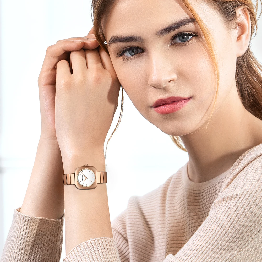 2024 New Minimalist Women\'s Watch 30mm Square Japanese Movement Original Rose Gold Elliptic Leather Casual Fashion Wristwatches