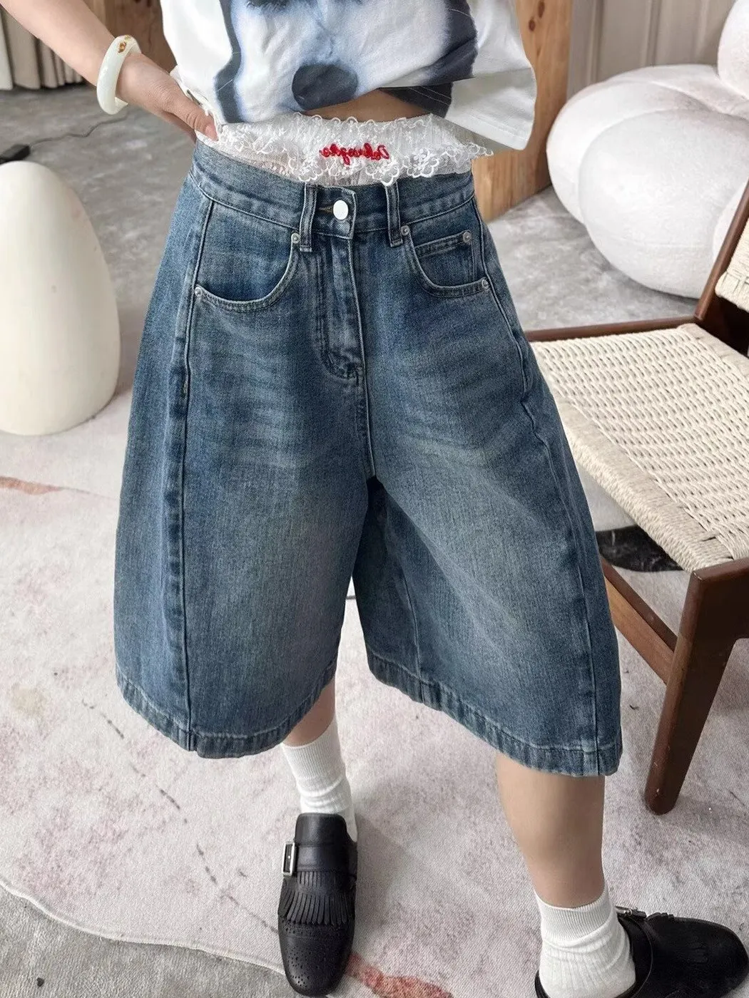 

plus Size Women's Vintage Five-Quarter Jeans Loose Straight Leg Wide Leg Pants for Pear Shaped Body Summer Casual High Waist