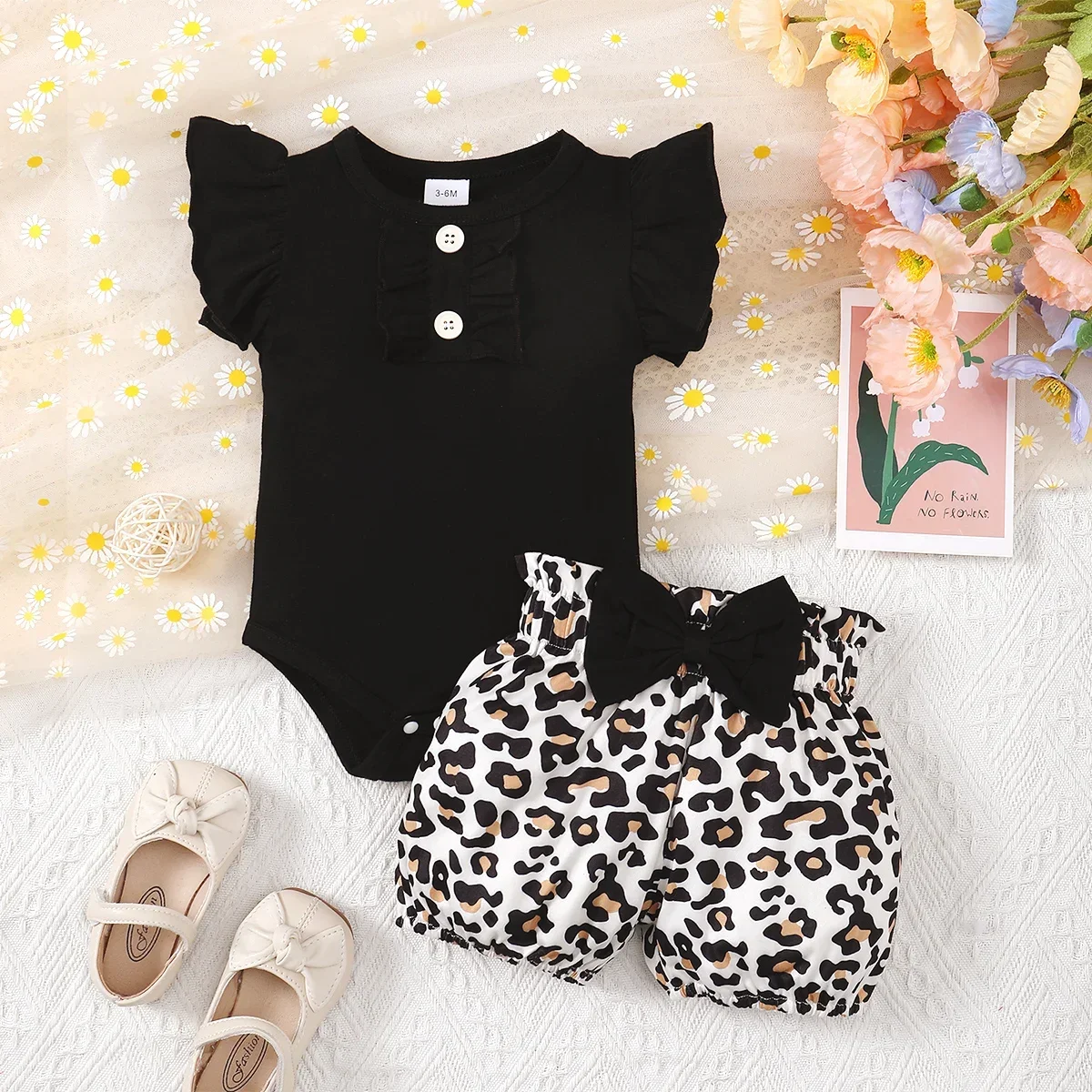 Summer Baby Girl Clothes Set Ruffle Edge T-Shirt Short-Sleeved Jumpsuit Top Leopard Print Shorts Fashion Toddler Clothing Outfit