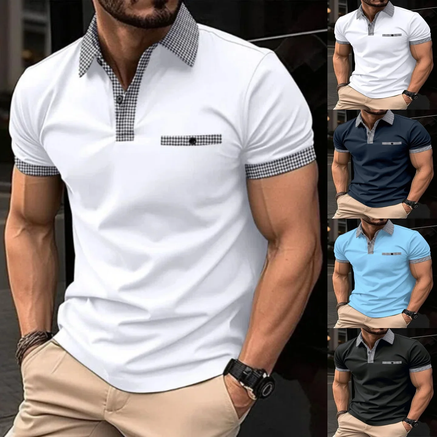 

Summer new style men's polo short-sleeved shirt with double-color check pattern, trendy and fashionable, suitable for all occasi