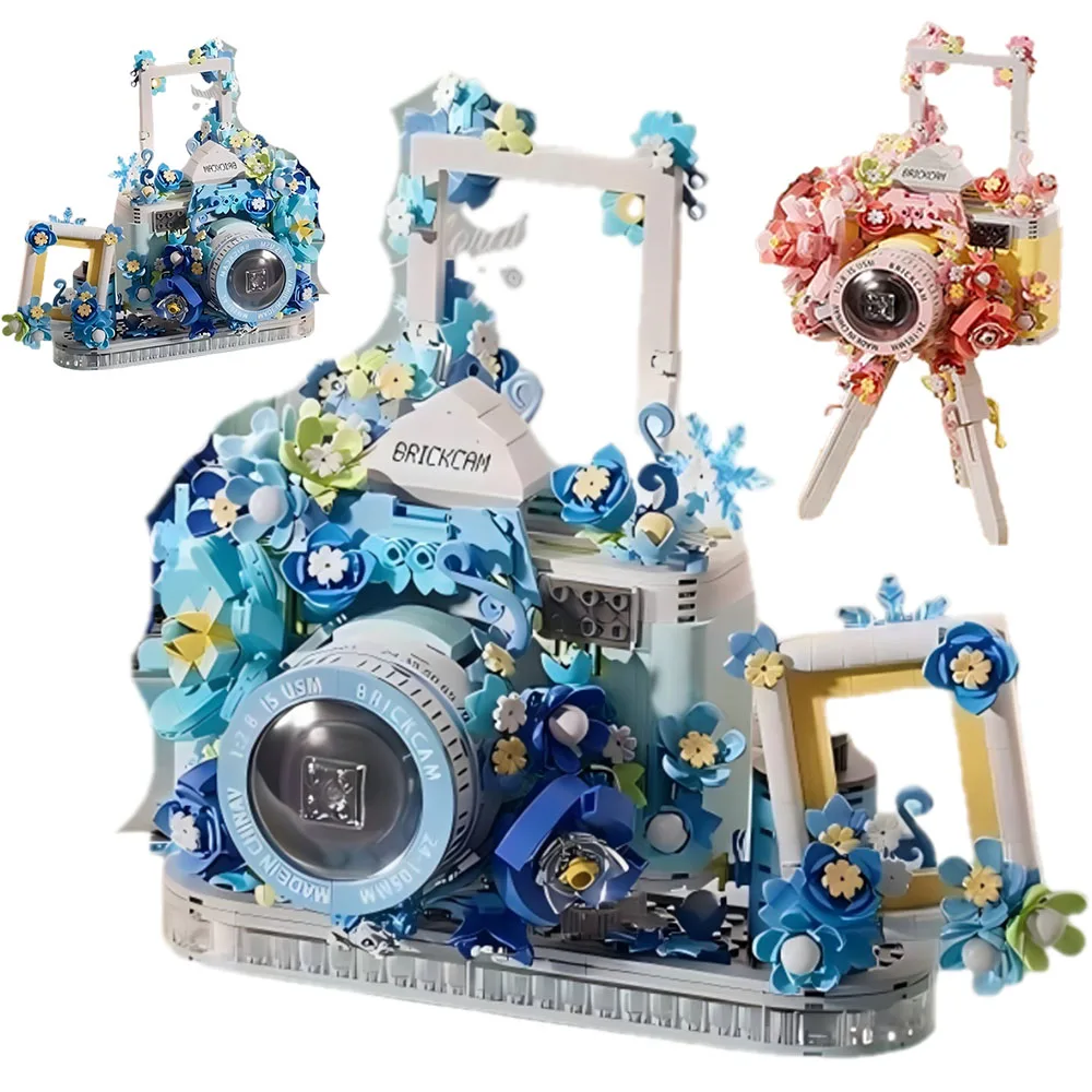 

City Flower Camera Desktop Ornament Building Blocks Blue and Pink Photography Camera Bricks Educational Toys for Kids DIY Gifts