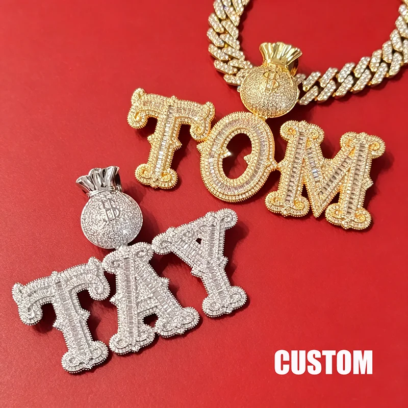 Custom Name with Money Bag Bail Letter&Numbers Pendant Necklace Hip Hop Miami Cuban Chain For Men Women Drop shippping