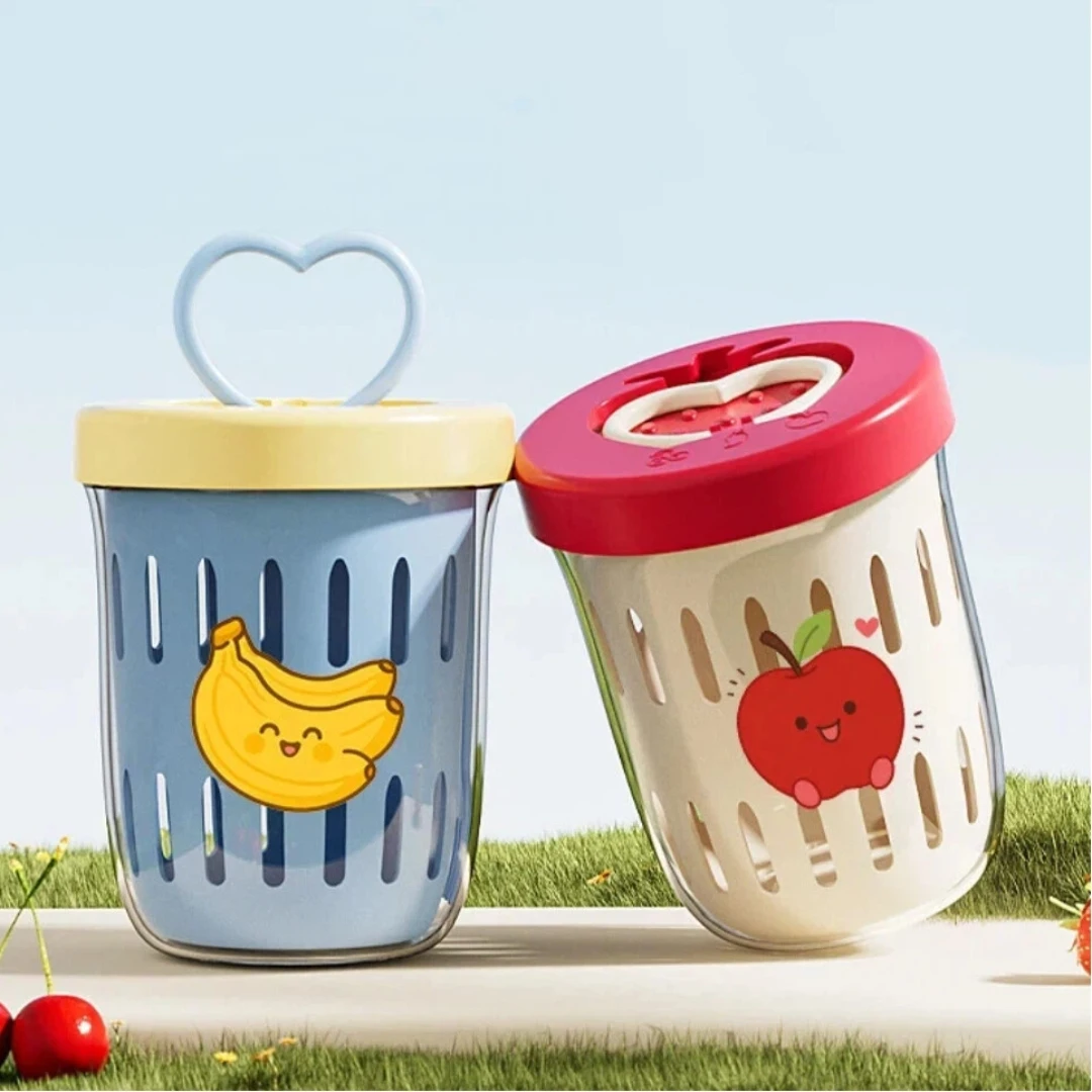كوب سلطة فواكه محمول بطبقة مزدوجة مع شوكة ملصق لطيف مانع للتسرب كوب الإفطار حاوية شوفان الزبادي للأطفال الطلاب