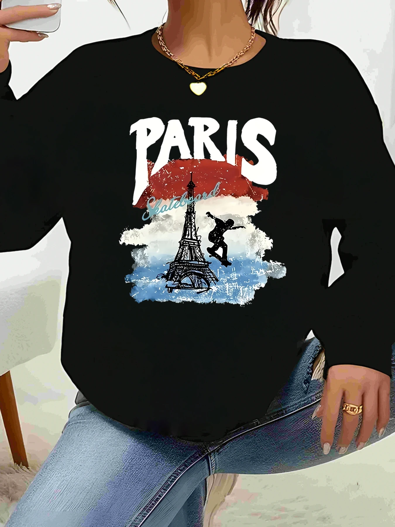Paris Eiffelturm Skateboard Print Langarm T-Shirt Damen Casual Streetwear Fashion Top für Alltagskleidung und Reisen