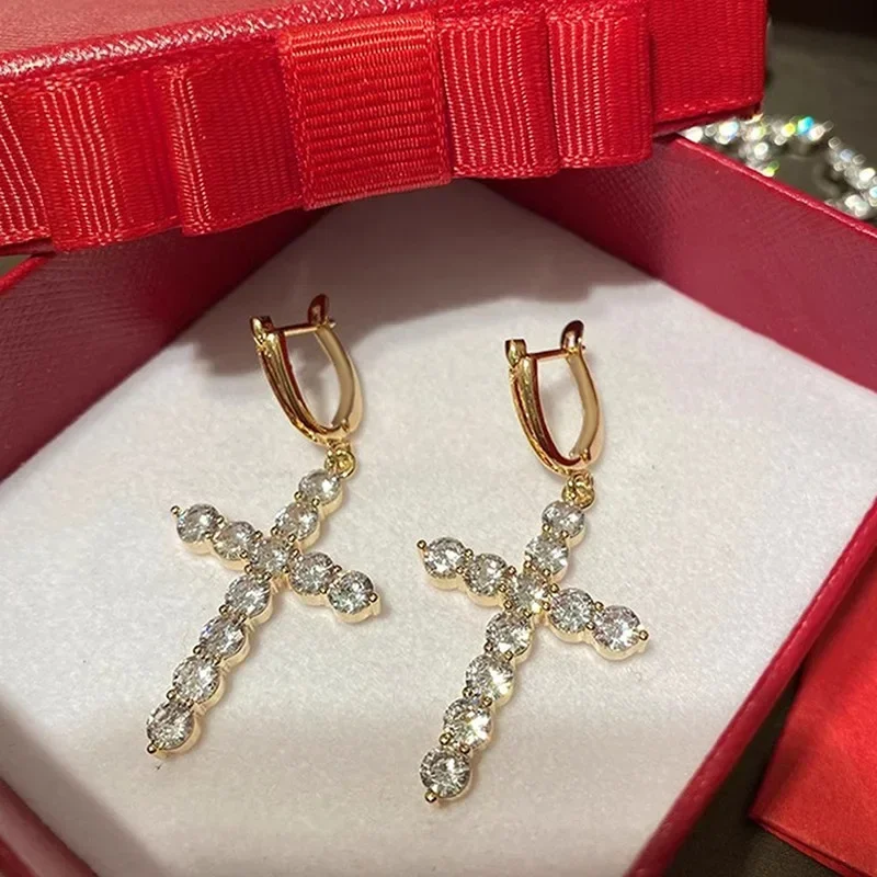 New High end Cross Hot Selling Earrings for Women, Light Luxury, Fashion, Round Zircon, Daily Matching, Design Sense Wholesale
