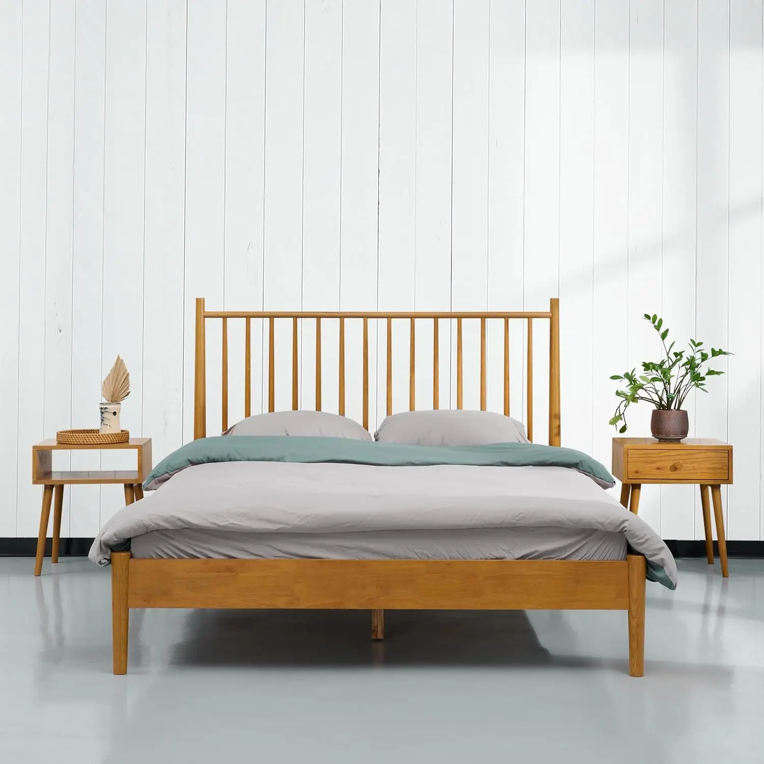 Ntc Inno Wooden Bed Frame With Headboard, Solid Oak And Rubber Wood Foundation With Silent Slats And Wood Central Supports,