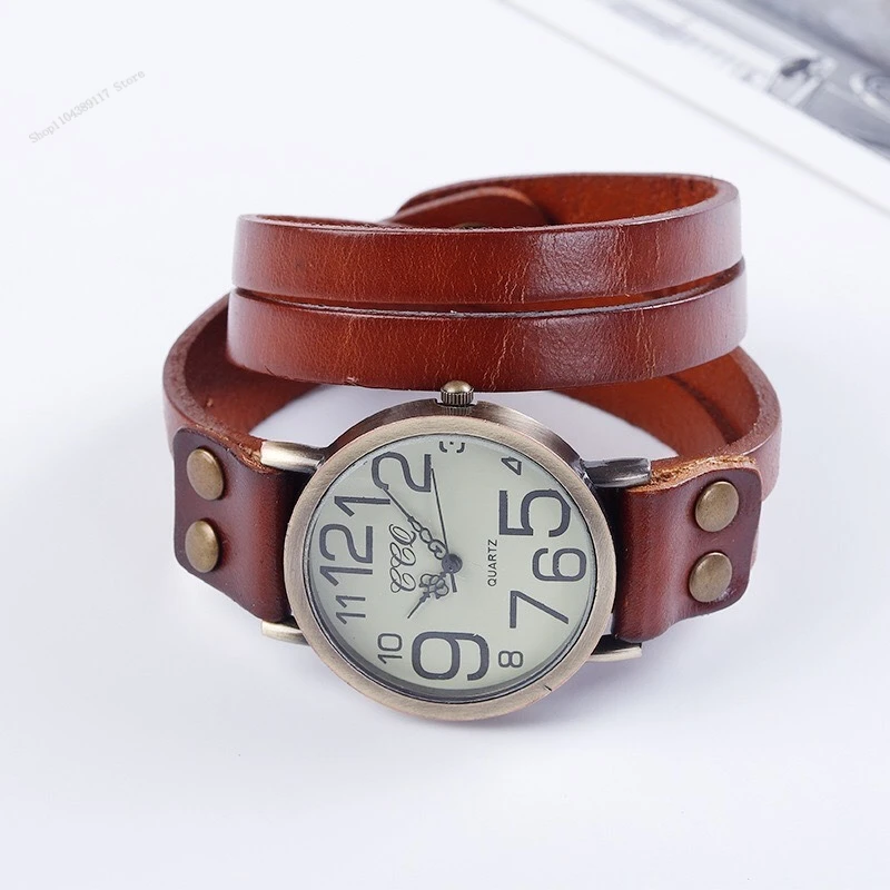 Relojes informales con esfera árabe Unisex, relojes de pulsera Vintage de cuero largo para mujer, relojes de pulsera de cuarzo para hombre, reloj femenino