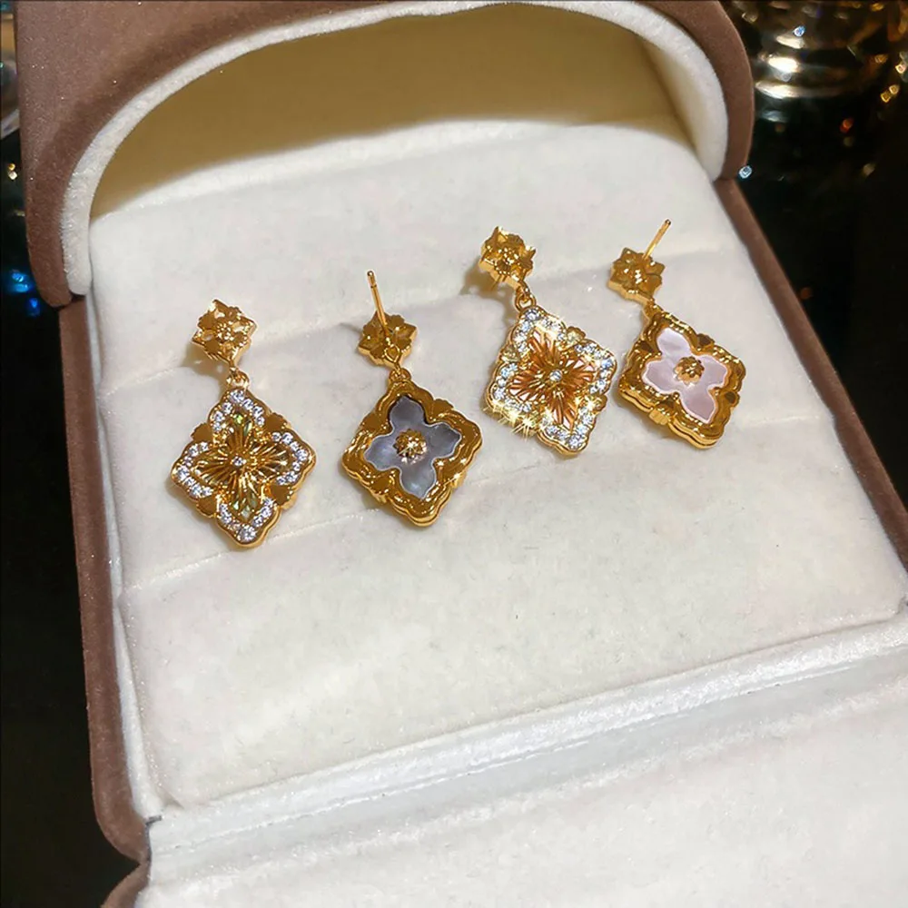 أقراط متدلية من الزركون على شكل زهرة فضية مطلية بالذهب الحقيقي، مجوهرات فاخرة خفيفة الوزن للنساء #2