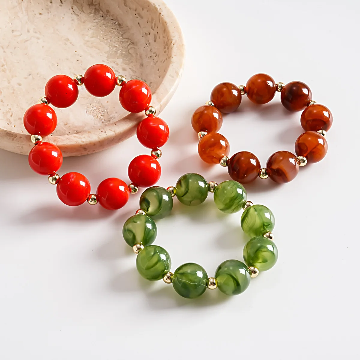 DOO MEI Vintage Round Beaded Chain Bracelets Bangles for Women Boho Acrylic Smudging Bangles Elastic Stackable Bracelets Jewelry