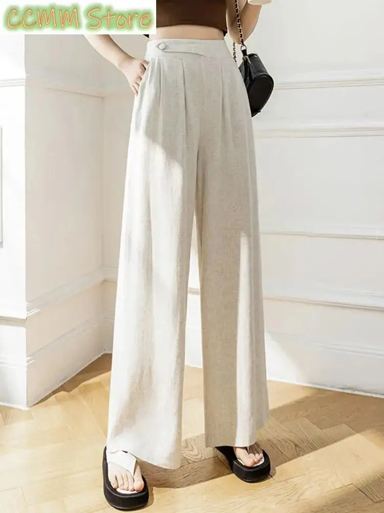 

Summer Cotton Linen Hig Waist Wide Leg Pants Mom's Straight Sweatpant Women 4xl Big Size Trousers Casual Baggy Pantalones