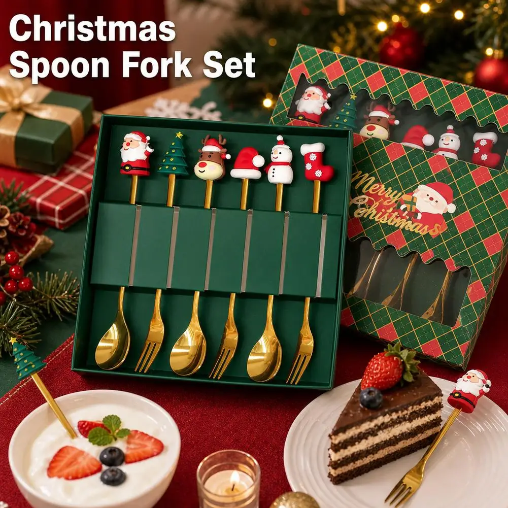 Stainless Steel Christmas Spoon Fork Set Cute Santa Snowman Elk Tableware Gift Box for Christmas Party Dinner Decor Gift