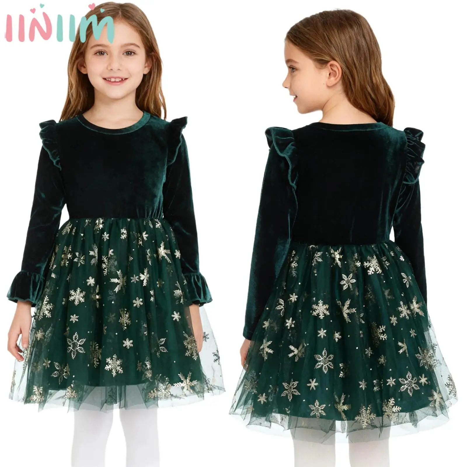 فستان أميرة عيد الميلاد للفتيات الصغيرات بأكمام طويلة وطباعة ندفة الثلج، توتو شبكي مخملي لعيد الميلاد وحفلات رأس السنة وعيد الشكر