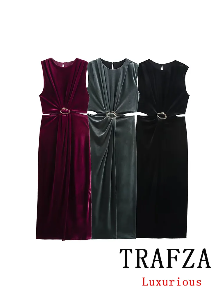 TRAFZA Vintage Casual Women Velvet Dress Solid O-Neck Buckle Side Hole Sleeveless Straight Vestidos Fashion 2024 Autumn Dress