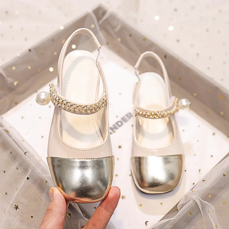 Summer Closed Toe Girls Sandals Baby Pearl Mary Jane Leather Shoes Chain Patchwork Color High Heels Toddler Dress Leather Shoes