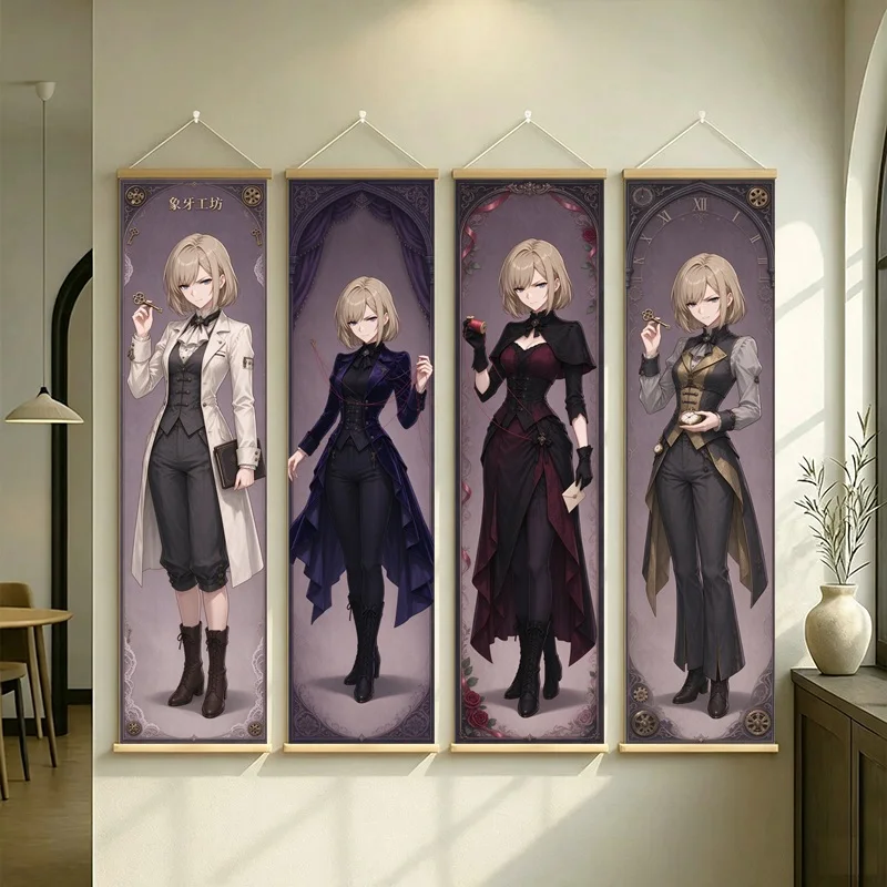 Pale Blond Anime Women Hanging Scroll with Gothic Dresses and Tailored Outfits against Muted Purple Backgrounds for a Bedroom