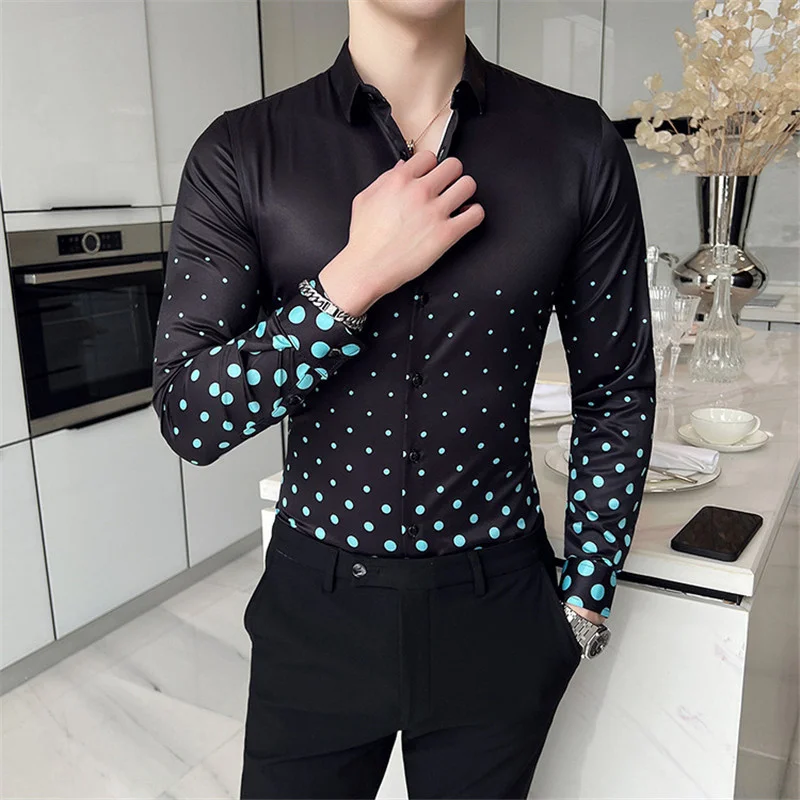 6XL Fashion Mens Dot Print Hawaiian Shirts Spring New Long Sleeve Luxury Clothing Men Slim Dress Black Shirt Camisas Para Hombre