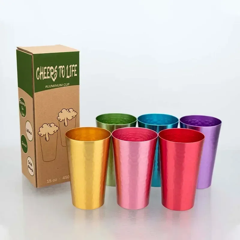 6PCS Colorful Hammered Aluminum Cups with Gift Box–Reusable Metal Tumblers for Cold Drinks, Juice, Wine–Cheers To Life Design L