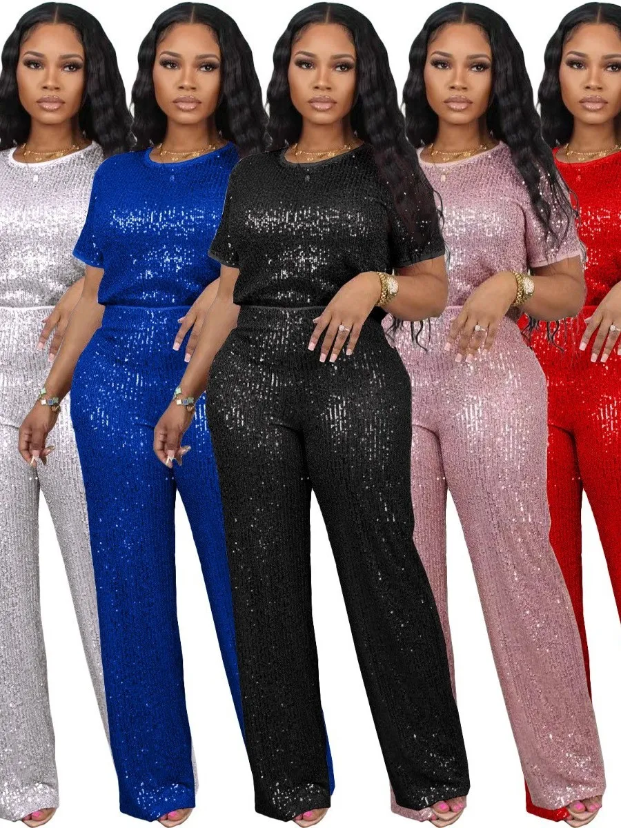 Pantaloni lunghi da donna con paillettes ort Sve Set Bright iny Pantaloni casual a gamba dritta a vita media bassa in tessuto PVC Colore puro