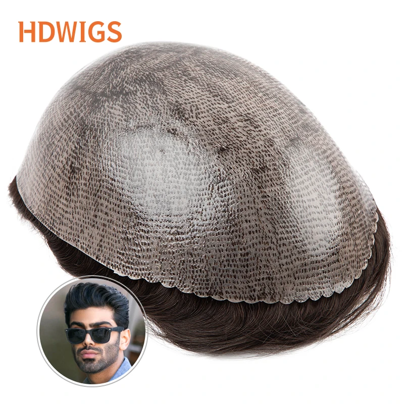 Men Toupee Full PU 0.12-0.14cm ISKIN With Knots Men's Capillary Prosthesis Real Indian Human Hair Wig Wave Straight Hairpiece
