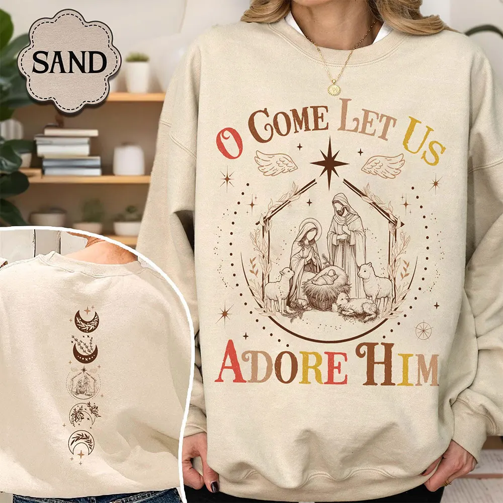 O Holy Night Christian Christmas Sweatshirt Bible Verse Religious Clothes Nativity Scene Birth of Jesus Tops O-neck Long Sleeve