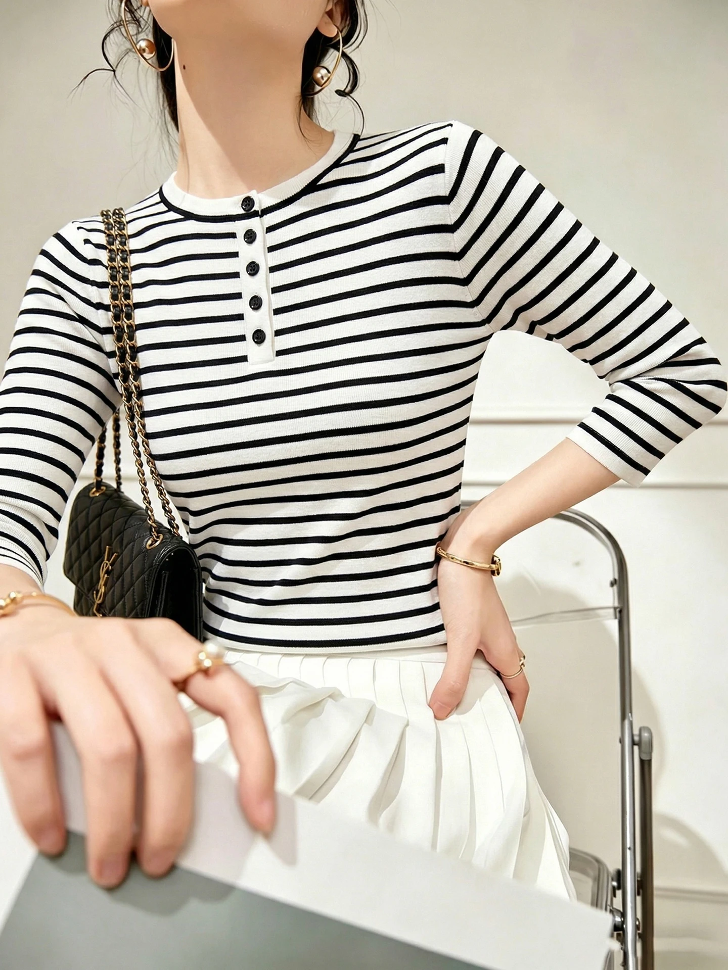 

Korean Style Striped T-Shirt Women's Summer Slimming Simple Versatile Design Color Block Top Commute Fashion Straight Cut
