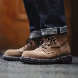 Maden Autumn and Winter Mid-top Work Boots for Men Round-toed Flat-heeled Boots Retro Outdoor Shoes Wear-resistant Rubber Sole