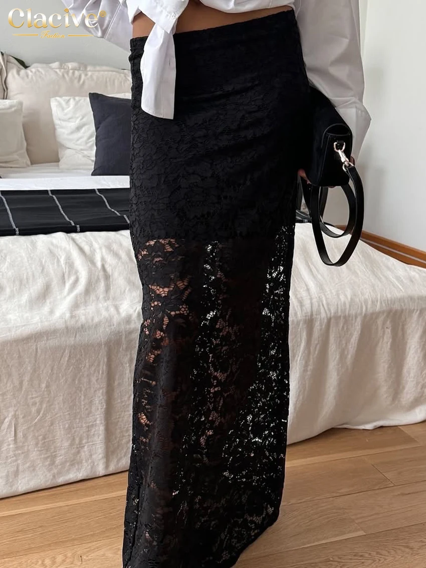 Clacive Fashion luźna czarna spódnica damska 2025 Casual spódnice do kostek z wysokim stanem elegancka klasyczna jednolita spódnica odzież damska