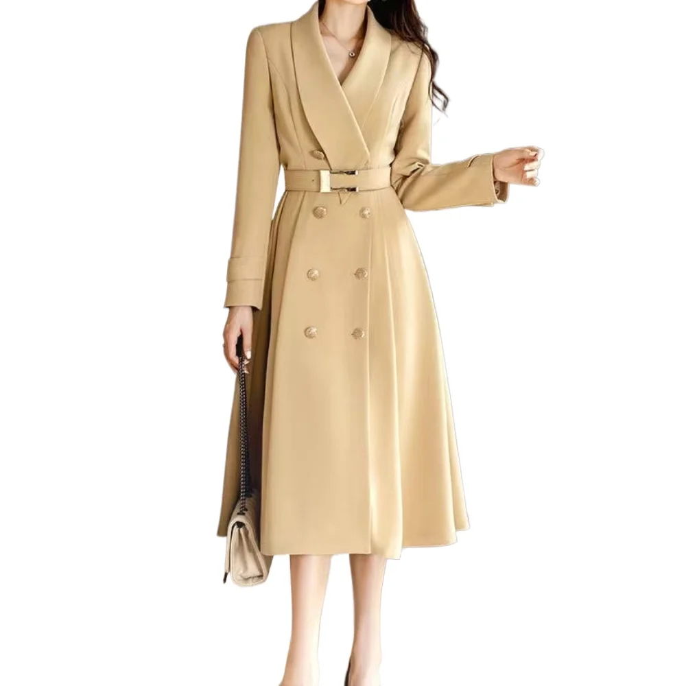 2024 Spring Elegant Women's Overcoat with Belt Long Trenchcoat Khaki Windbreaker British Winter Jackets High Quality Clothing