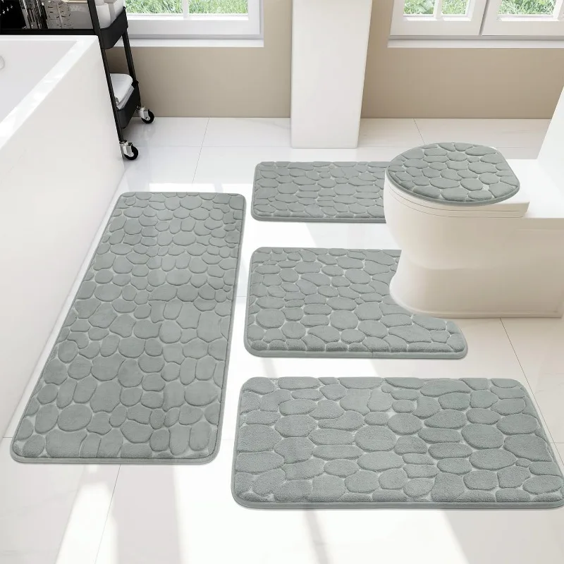 Bathroom Rugs Sets 5 Piece, Cobblestone Memory Foam Bathroom Mats Set Extra Thick, Non Slip Bath Mats for Bathroom