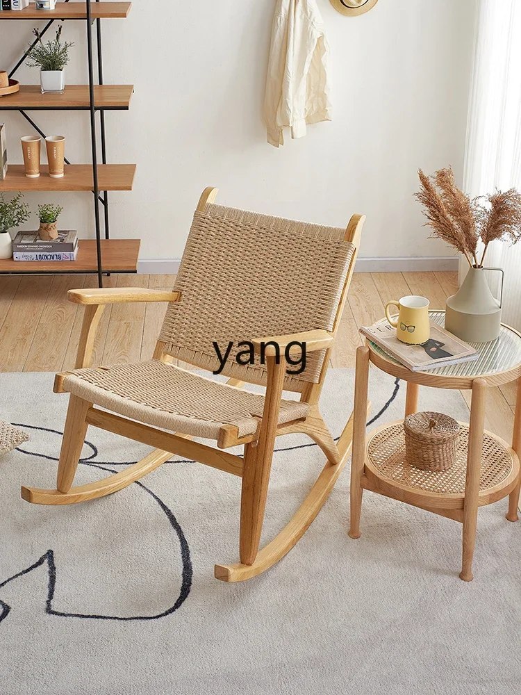 LH solid wood rocking chair rope braided balcony backrest home leisure living room leisure chair