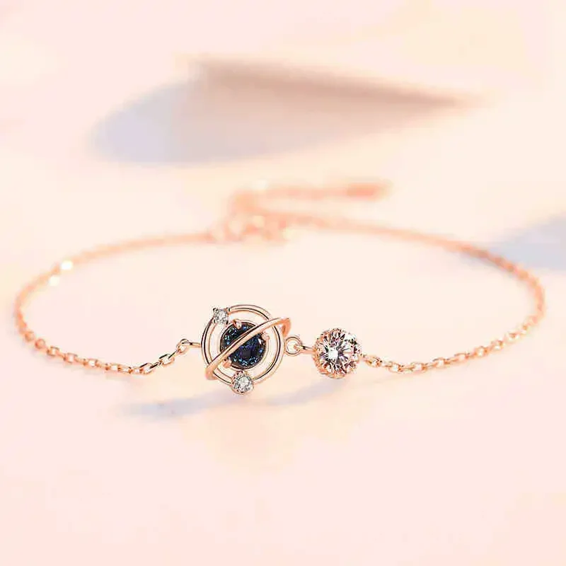 Romantic Sterling Silver Glass Planet Elegant Bracelet for Women Fantasy Planet Charm Hand Chain Link Orignal Fashion Jewelry