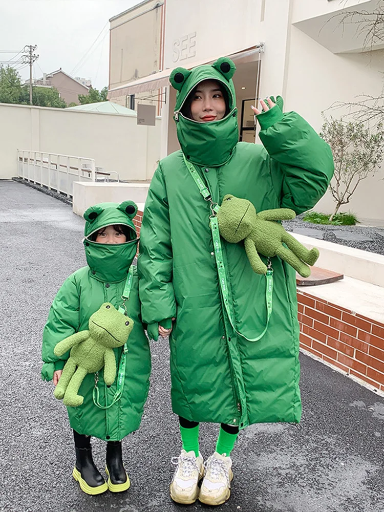 Parent-child Down Jacket Winter Long Family Three Hooded Frog Children\'s Clothing Cartoon Coat Mother and Daughter Clothing