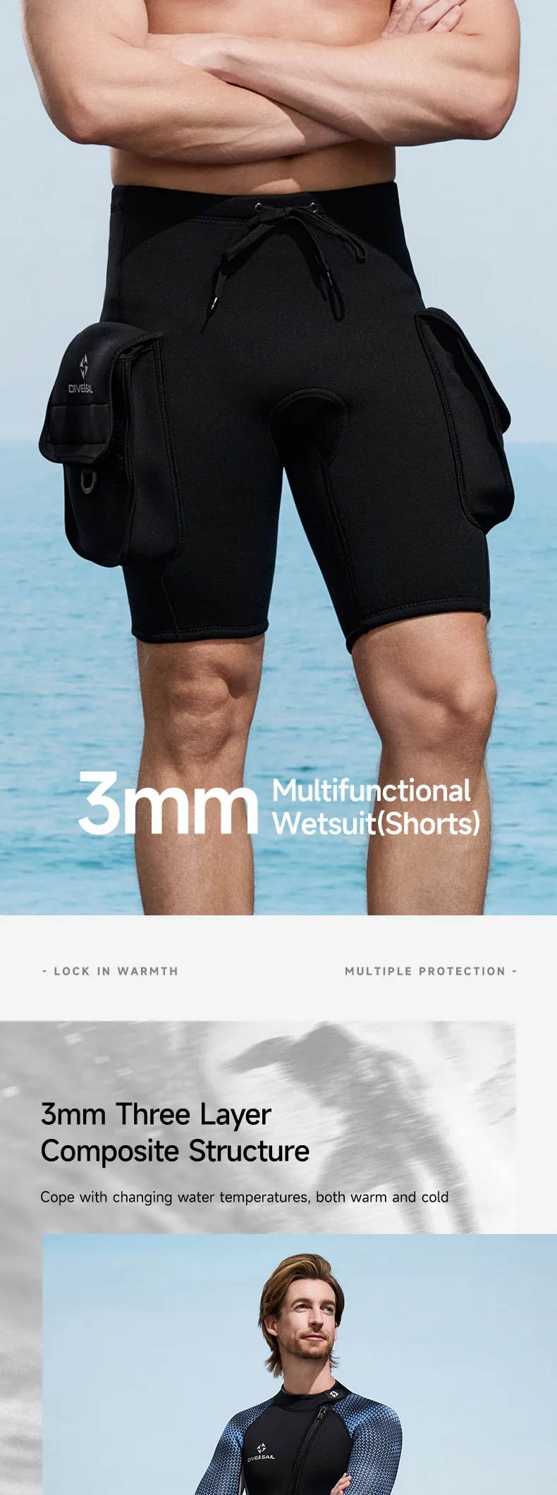 Herren-Neoprenanzug-Shorts, 3 mm Neopren-Tauchshorts mit Tasche, Surfhose für Wassersport, Schwimmen, Schnorcheln, Bootfahren, Tauchen – Detail 1